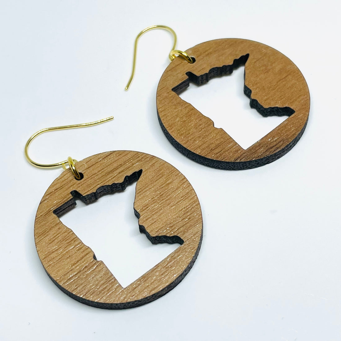 Minnesota local wood and resin artist. laser cut walnut wood, nickel free dangle earrings circle shaped with MN State cutout.