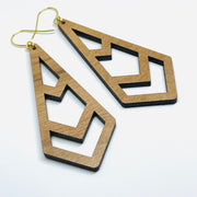 Laser cut, Minnesota local wood and resin artist. Walnut wood, nickel free dangle earrings chevron diamond shaped