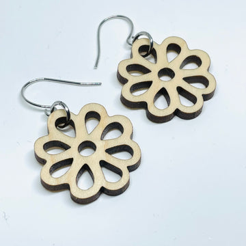 Laser cut, Minnesota local wood and resin artist. Maple wood, nickel free dangle earrings chevron flower shaped