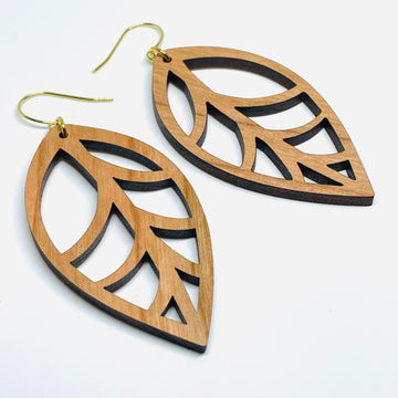 Laser Cut, Minnesota local wood and resin artist. Cherry wood, nickel free dangle earrings leaf shaped