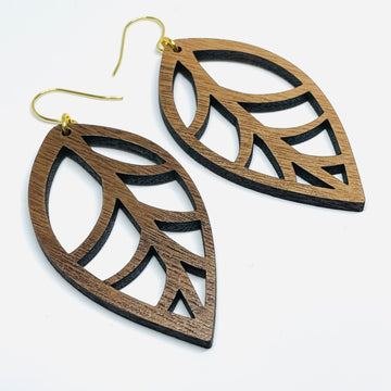 Laser Cut, Minnesota local wood and resin artist. Walnut wood, nickel free dangle earrings leaf shaped