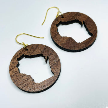 Laser cut walnut wood gold plated brass core nickel free dangle hook earrings. - Wisconsin State shape