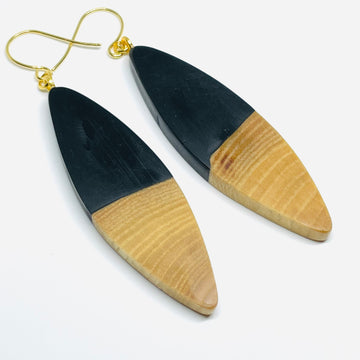 handmade jewelry, Minnesota local wood and resin artist. Black resin with maple wood, nickel free dangle earrings large sliver surf board shaped