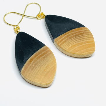 handmade jewelry, Minnesota local wood and resin artist. Black resin with birch wood, nickel free dangle earrings pod shaped