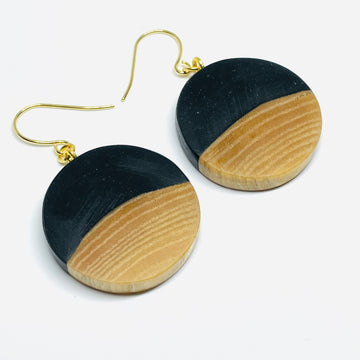 handmade jewelry, Minnesota local wood and resin artist. Black resin with birch wood, nickel free dangle earrings circle shaped