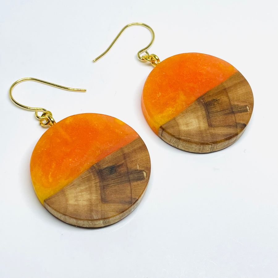 handmade jewelry, Minnesota local wood and resin artist. Orange and yellow resin with maple wood, nickel free dangle earrings tiny circle shaped