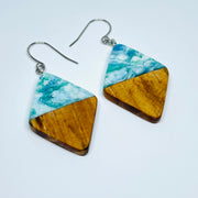 handmade jewelry, Minnesota local wood and resin artist. Ocean waves blue, green and white resin with spalted maple wood, nickel free dangle earrings diamond shaped