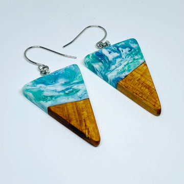 handmade jewelry, Minnesota local wood and resin artist. Ocean waves blue, green and white resin with spalted maple wood, nickel free dangle earrings isosceles shaped