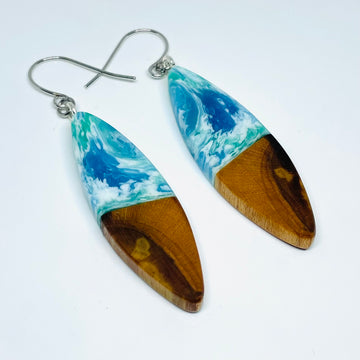 handmade jewelry, Minnesota local wood and resin artist. Ocean waves blue, green and white resin with maple wood, nickel free dangle earrings sliver shaped