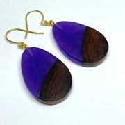 handmade jewelry, Minnesota local wood and resin artist. Royal purple resin with walnut wood, nickel free dangle earrings teardrop shaped