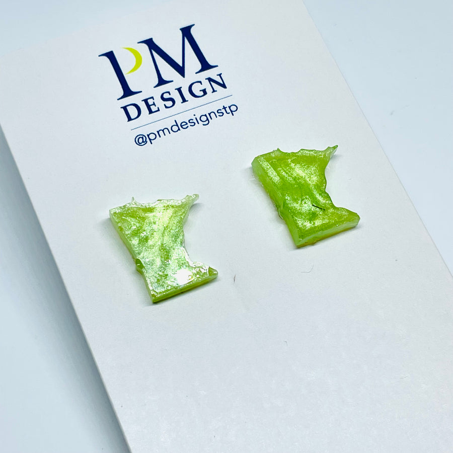 Tiny Minnesota State shaped stud/post earrings - lime green resin