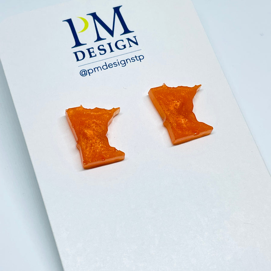 Tiny Minnesota State shaped stud/post earrings - orange resin