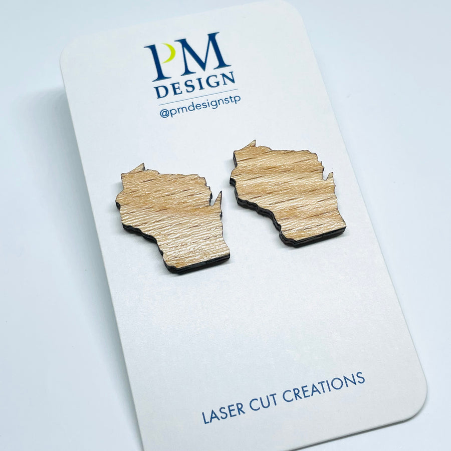 Laser cut red oak wood stainless steel stud/post earrings - Wisconsin State shape