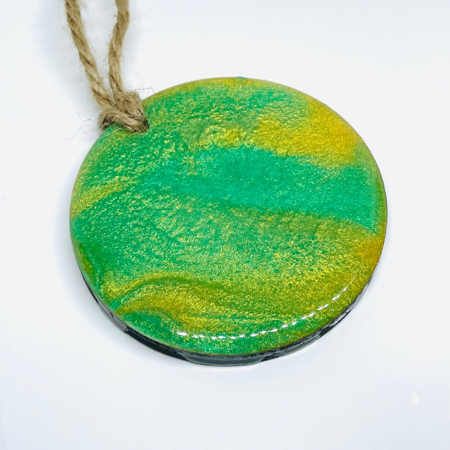 handmade jewelry, Minnesota local wood and resin artist. Green and gold resin Christmas, holiday ornament
