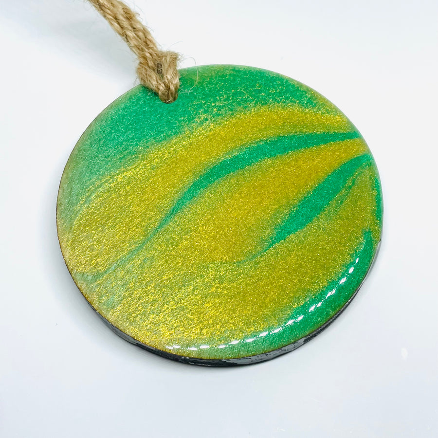handmade jewelry, Minnesota local wood and resin artist. Green and gold resin Christmas, holiday ornament