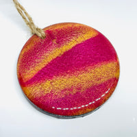 handmade jewelry, Minnesota local wood and resin artist. raspberry red and gold Christmas, holiday ornament