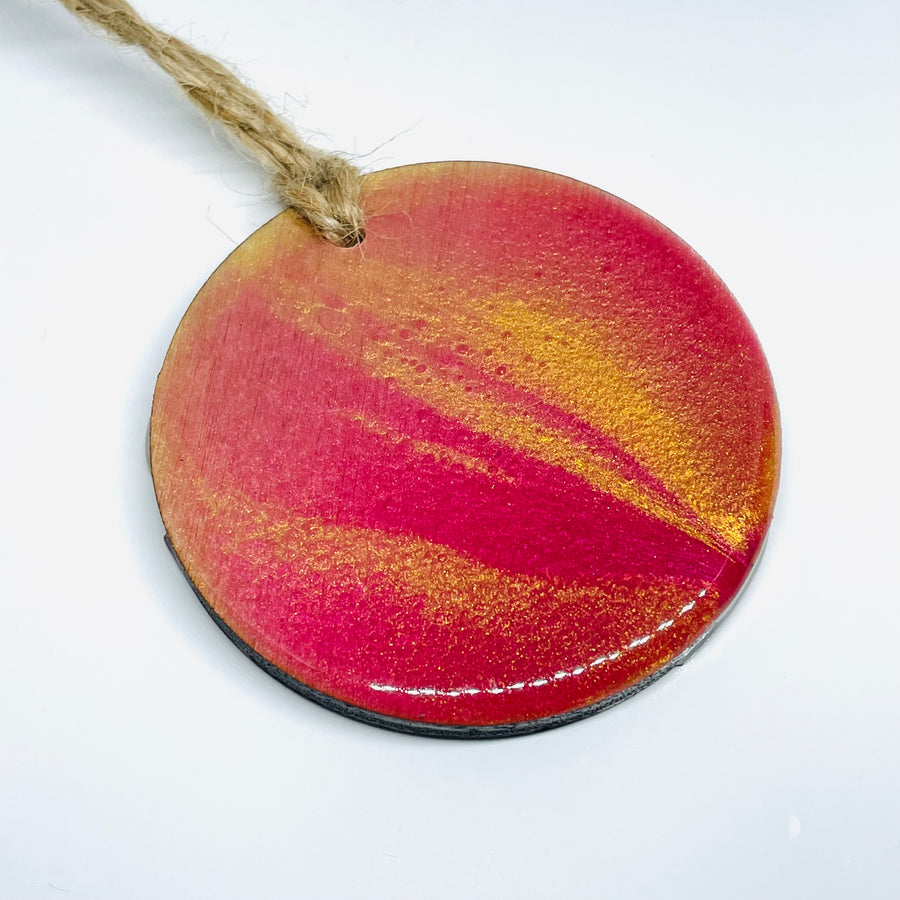 handmade jewelry, Minnesota local wood and resin artist. raspberry red and gold Christmas, holiday ornament