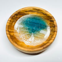 handmade jewelry, Minnesota local wood and resin artist. Ocean waves blue, sea foam, olive wood turned ring trinket bowl.